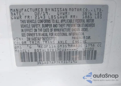 2019 Nissan Sentra Sv from USA, damaged, VIN 3N1AB7AP7KY317191